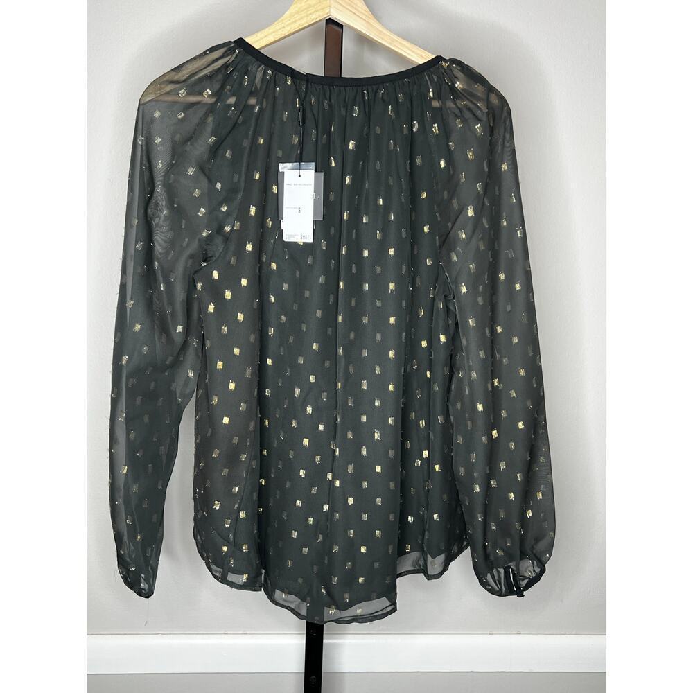 Tahari NWT Size Small Black Gold Clip Dot Sheer Blouse Long Sleeve V-Neck Top - Picture 2 of 6